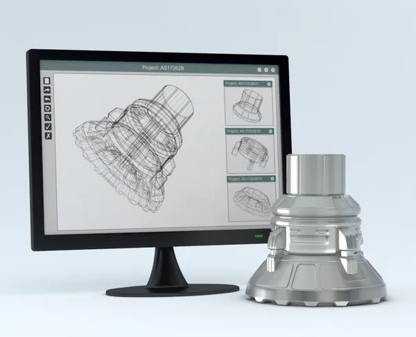 3D-CAD-Modell eines Bauteils neben dem gefertigten Teil